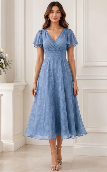 A-Line Tea-Length V-Neck Short Sleeve Lace Wedding Guest Dress with Lace