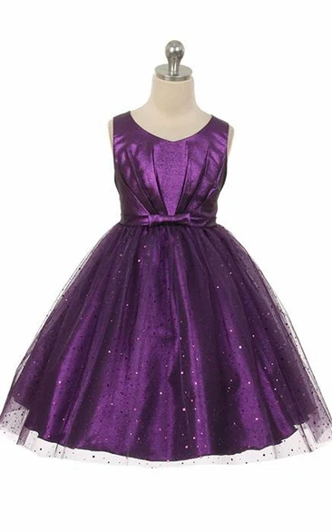 V-Neck Tea-Length Pleated Tulle&Sequins Flower Girl Dress With Tiers