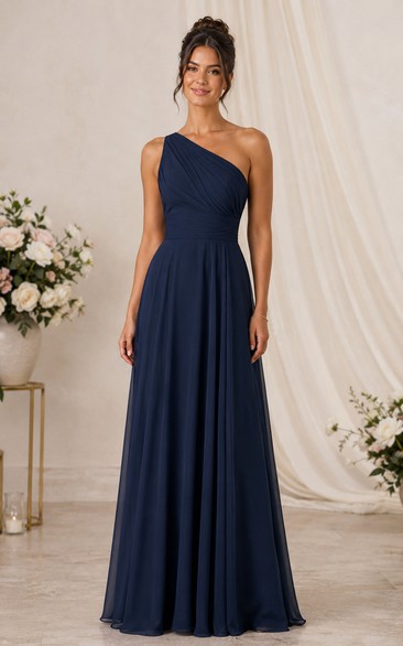 Dark Navy Chiffon One-Shoulder A-Line Bridesmaid Dress