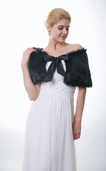 Off-The-Shoulder Black Faux Fur Wrap With Satin Bow