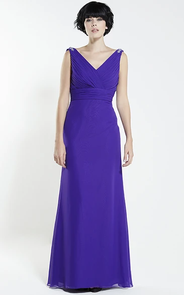 Criss-Cross V-Neck Sleeveless Chiffon Bridesmaid Dress With Beading
