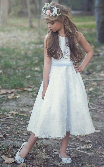 Tea-Length Floral Floral Tulle&Lace Flower Girl Dress