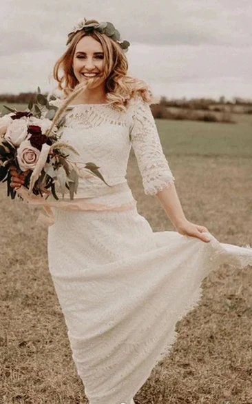 Bateau-neck Lace Half-sleeve Sheath Country Modest Wedding Dress