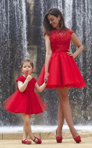 Red Scoop Cap Lace Empire Tulle A-line Short Flowergirl Dress