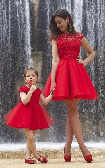 Red Scoop Cap Lace Empire Tulle A-line Short Flowergirl Dress