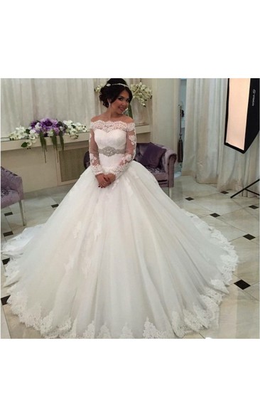 Off-shoulder Tulle Ball Gown With Lace Bodice and Long Sleeves