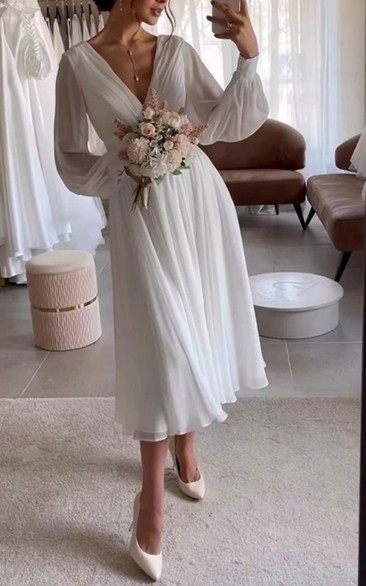 Elegant V-Neck Chiffon Midi Wedding Dress with Bishop Sleeves