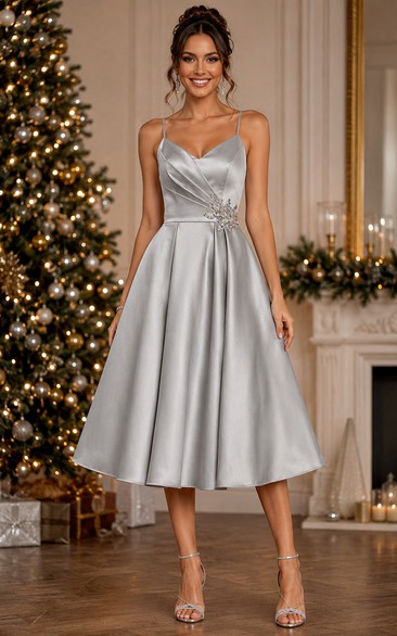 A-Line Satin Cocktail Dress with Cowl, Sleeveless and Bow(s) Sash/Ribbon, Tea Length