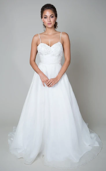 A-Line Spaghetti Appliqued Floor-Length Sleeveless Wedding Dress With Bow
