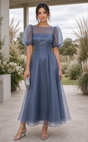 Steel Blue A-Line Tulle Puff Sleeve Tea-Length Dress
