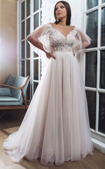 Elegant Illusion Tulle Petal Sleeve A-line Plus Size Lace Wedding Dress with Beaded Top