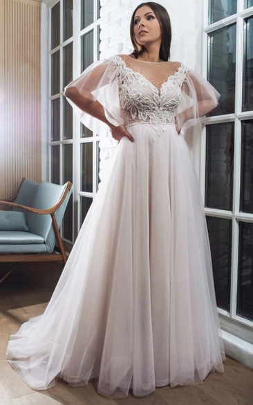 Elegant Illussion Tulle Petal Sleeve A-line Plus Size Wedding Dress with Beaded Top