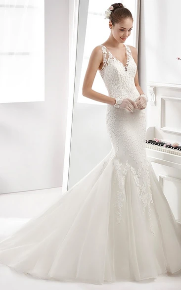 V-neck Sheath Mermaid Lace Wedding Gown with Illusive Lace Straps and Brush Train  