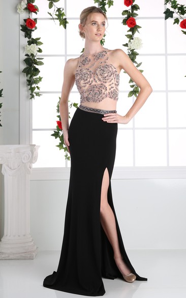 Sheath Maxi Jewel-Neck Sleeveless Jersey Keyhole Dress With Split Front And Beading