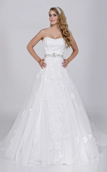 Strapless A-Line Lace Wedding Dress With Jeweled Waist And Back Buttons