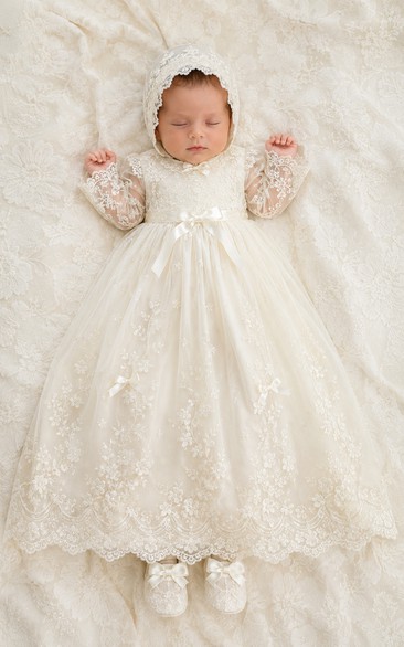 Baby Christening Gown Modest Princess Ball Gown Long Sleeve Illusion Tulle Lace Floor-Length with Bonnet in Ivory