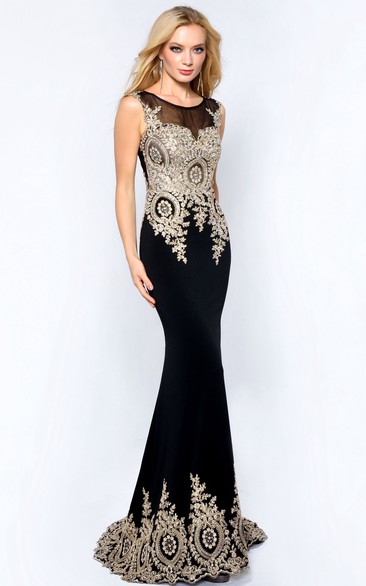 Sheath Scoop-Neck Sleeveless Jersey Illusion Dress With Beading