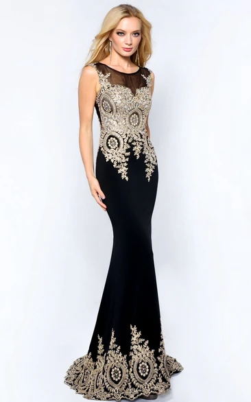 Sheath Scoop-Neck Sleeveless Jersey Illusion Dress With Beading
