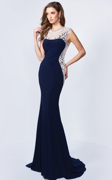 Sheath Long Scoop-Neck Sleeveless Jersey Zipper Dress With Beading