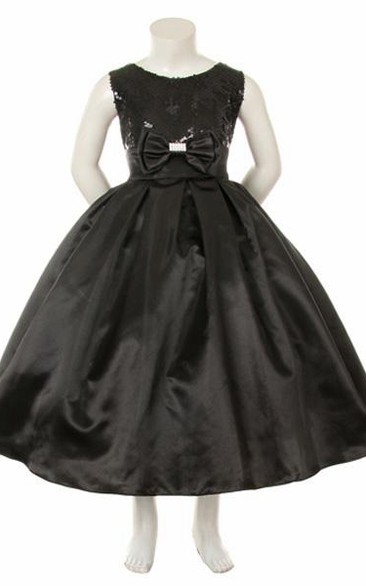 Tea-Length Bowed Sequins&Satin Flower Girl Dress