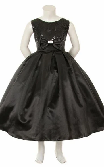 Tea-Length Bowed Sequins&Satin Flower Girl Dress