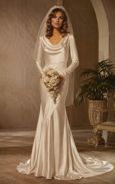 Long Sleeve Cowl Neck Satin Mermaid Vintage Wedding Dress