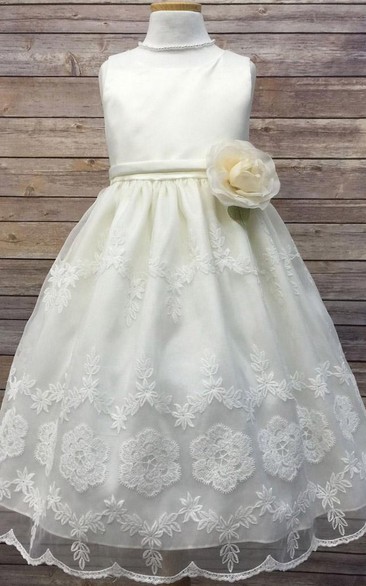 Floral Tea-Length Tiered Organza&Satin Flower Girl Dress With Embroidery