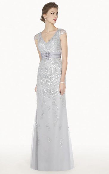 V Neck Cap Sleeve Tulle Long Prom Dress With Floral Satin Sash And Sequins