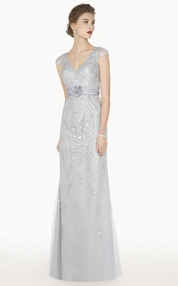 V Neck Cap Sleeve Tulle Long Prom Dress With Floral Satin Sash And Sequins