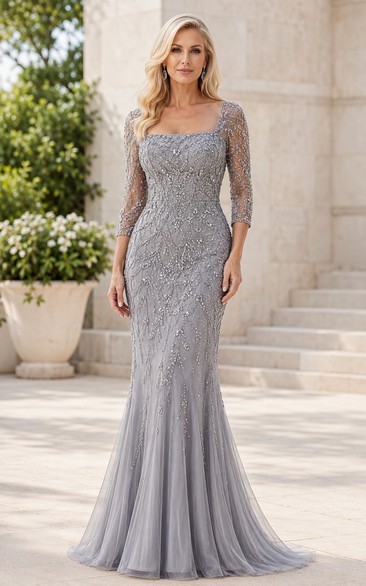 Robe sirène argentée à manches longues en dentelle et sequins pour la mère de la mariée