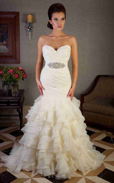 Mermaid Sweetheart Jeweled Organza Wedding Dress With Criss Cross And Tiers