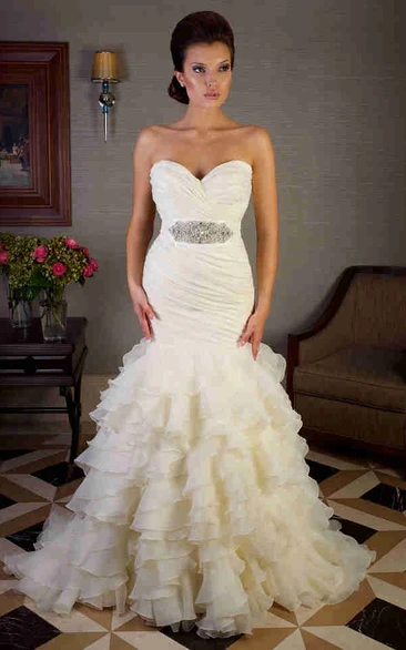 Mermaid Sweetheart Jeweled Organza Wedding Dress With Criss Cross And Tiers