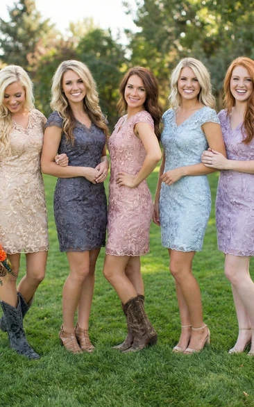 V-Neck Cap Sleeve Sheath Lace Pencil Dress