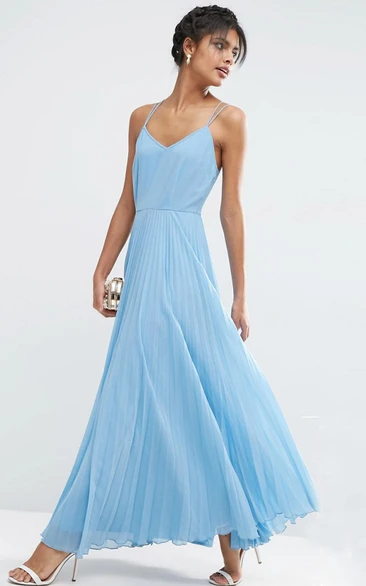 Sheath Spaghetti Long Chiffon Bridesmaid Dress With Pleats And Straps
