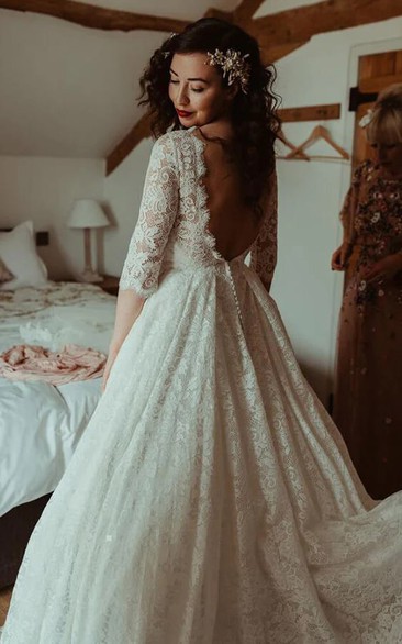 Lace Backless Half-sleeve Empire A-line Vintage Wedding Dress
