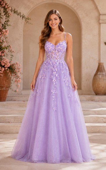 Tulle Prom Dress in Lavender, Spaghetti Strap, Sweetheart A-Line Floor-Length Gown with Appliques