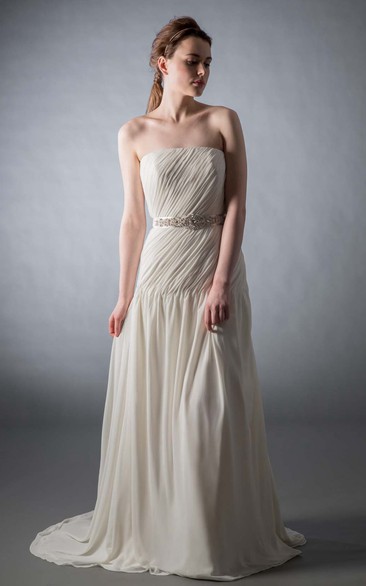 Maxi Strapless Bowed Ruched Chiffon Wedding Dress With Sweep Train