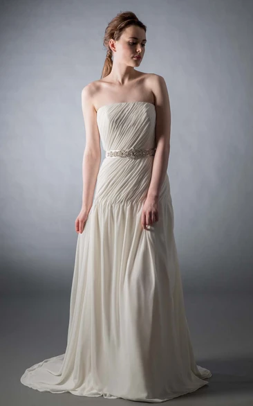 Maxi Strapless Bowed Ruched Chiffon Wedding Dress With Sweep Train