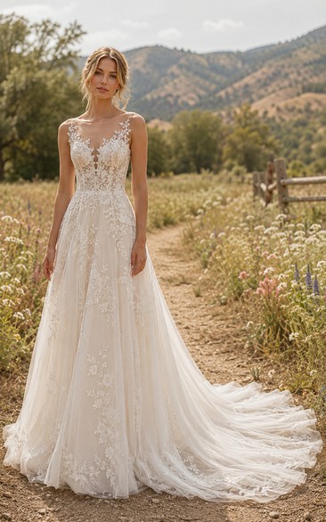 Spaghetti Strap A-Line Lace Country Wedding Dress with Low Back and Tulle Train