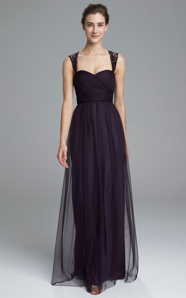 Sheath Sweetheart Floor-Length Tulle Bridesmaid Dress With Criss Cross And Keyhole