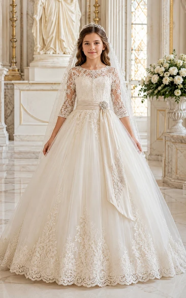 Long Sleeve Lace Ivory Tulle First Communion Dress with Draped Sash