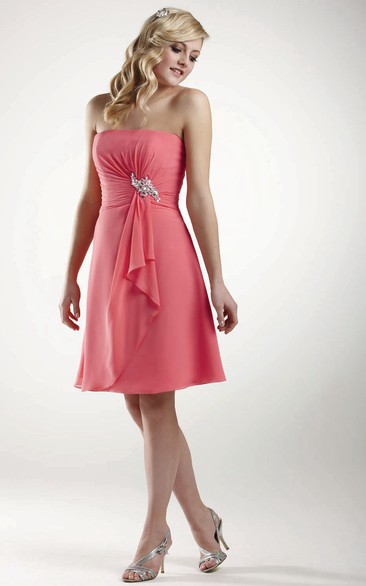 Midi Strapless Jeweled Ruched Chiffon Bridesmaid Dress With Draping