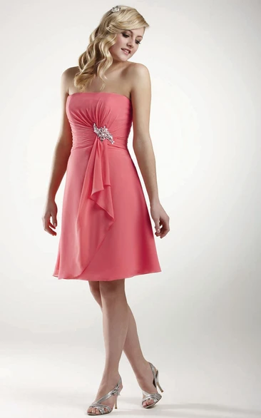 Midi Strapless Jeweled Ruched Chiffon Bridesmaid Dress With Draping