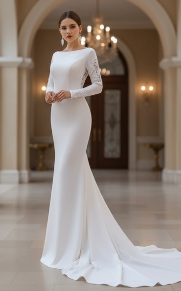 Elegant Long Sleeve Crepe Mermaid Wedding Dress Boat Neck Minimalist Bridal Gown with Lace Detail