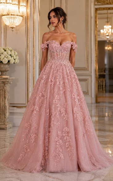 Tulle Prom Dress in Blushing Pink, Off-the-shoulder, Sweetheart A-Line Floor-Length Gown with Appliques