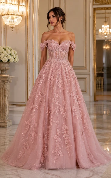 Tulle Prom Dress in Blushing Pink, Off-the-shoulder, Sweetheart A-Line Floor-Length Gown with Appliques