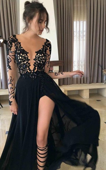 Chiffon Lace Floor-length A Line Long Sleeve Modern Formal Dress