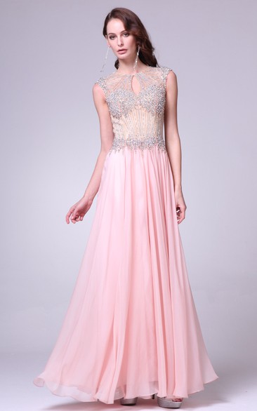 A-Line Jewel-Neck Sleeveless Chiffon Keyhole Dress With Beading And Pleats