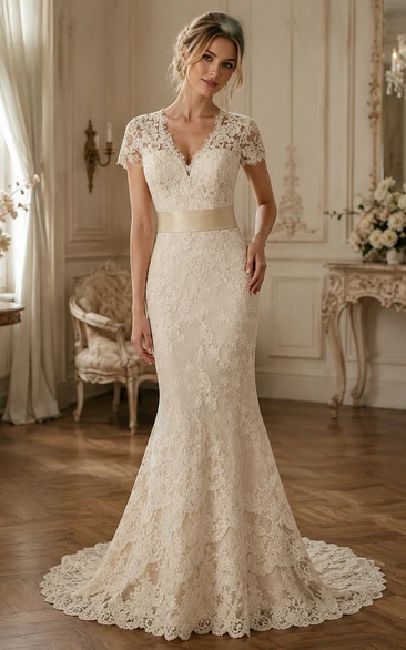 V-Neck Keyhole Back Mermaid Lace Vintage Wedding Dress With Sash And Flower