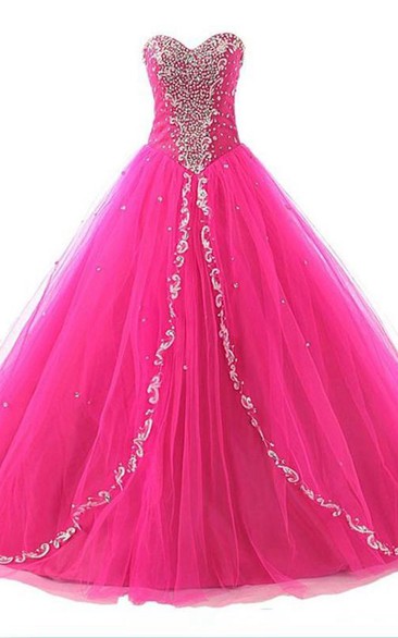 Ball Gown Long Sweetheart Sleeveless Bell Beading Appliques Lace-Up Back Tulle Lace Dress